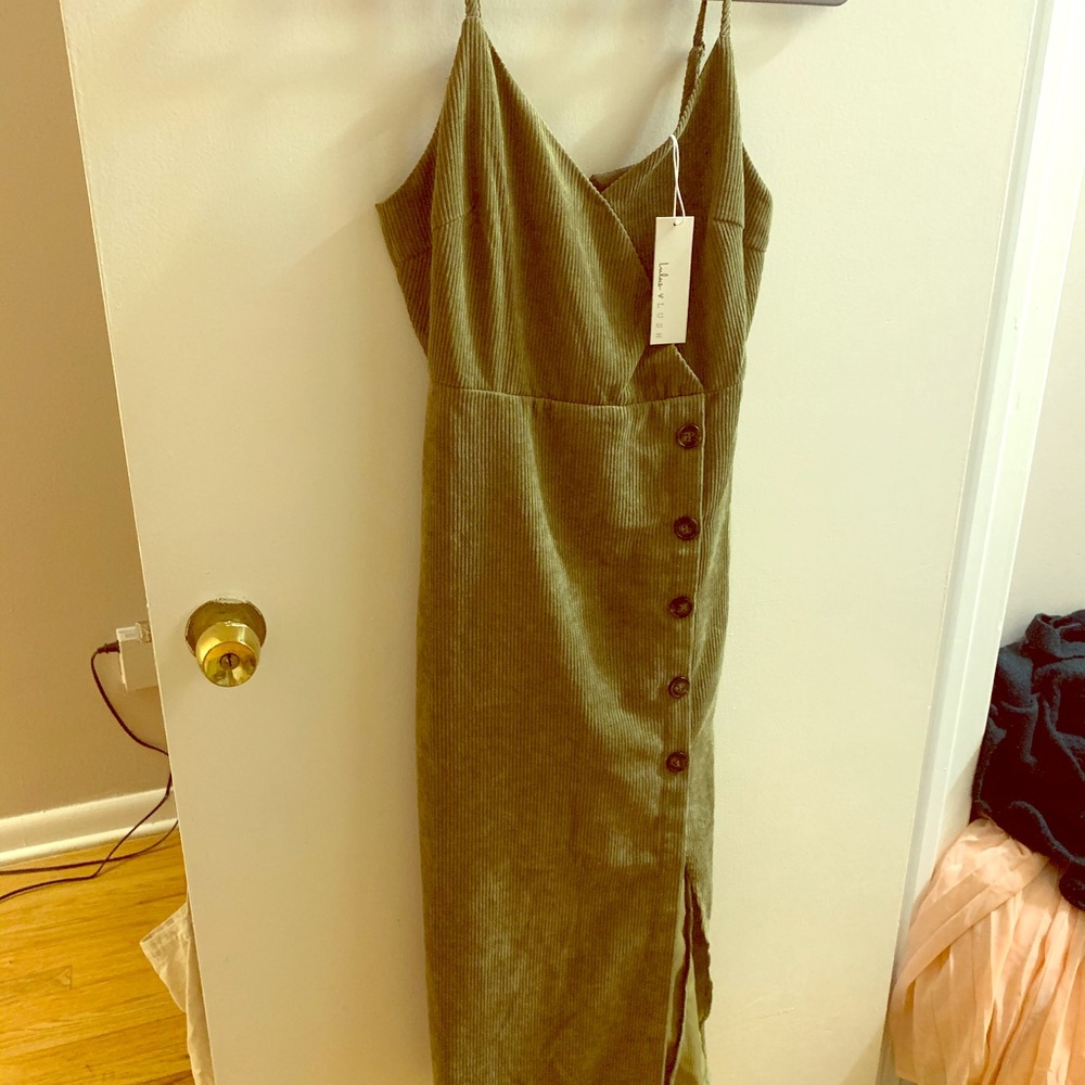 Olive green corduroy button front midi dress